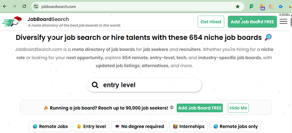 The image displays the homepage of JobBoardSearch.com, a directory for job seekers and recruiters.