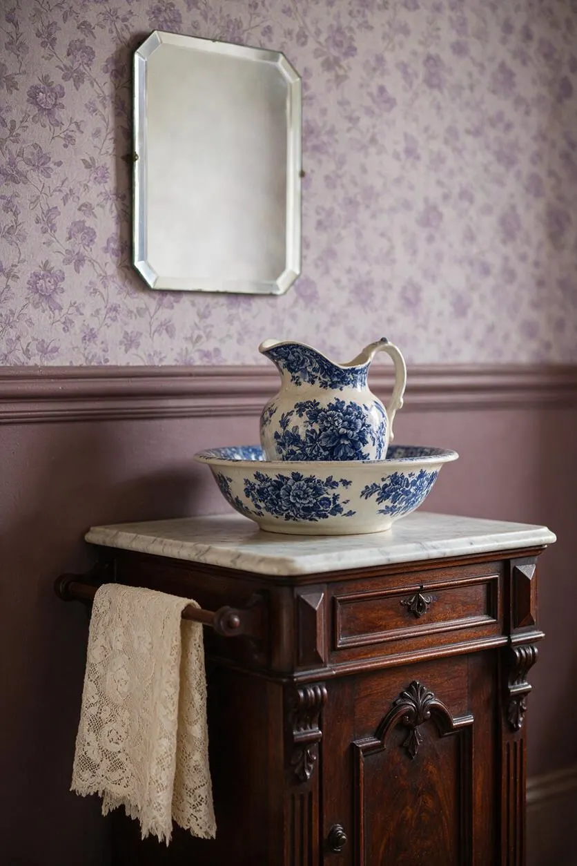 A Victorian-style washstand features a dark carved wooden cabinet topped with a white marble slab. A blue-and-white porcelain pitcher and basin sit on top, with a lace hand towel hanging from a side rail, and a beveled wall mirror above floral wallpaper and muted mauve wainscoting.