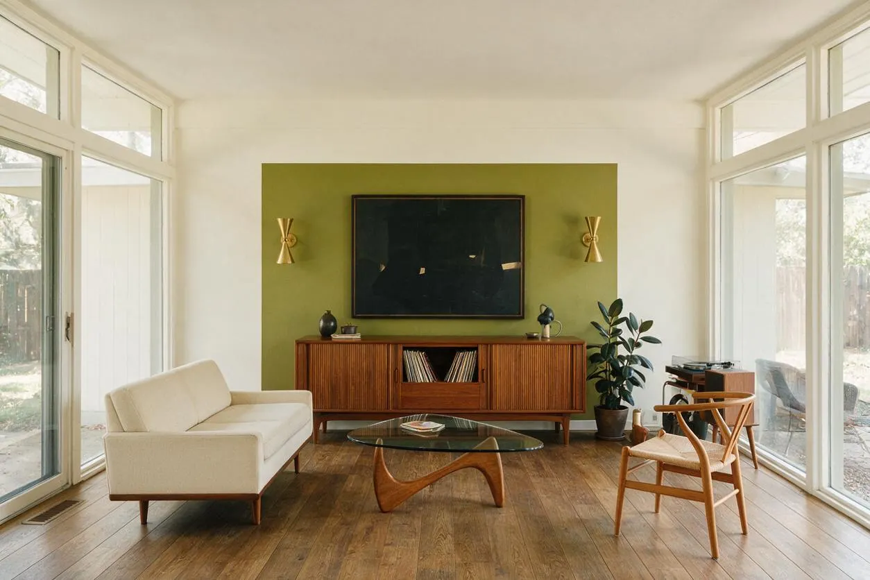 A bright sunroom with floor-to-ceiling windows on three sides, warm wood plank flooring, and a centered olive-green accent wall. The room features a cream sofa, a sculptural wood and glass coffee table, a walnut credenza with a large dark artwork above it, a slim wood lounge chair, brass wall sconces, and a potted plant, creating a clean Mid-Century Modern look.