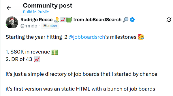 A screenshot of a tweet announcing hitting $80K in revenue, showing a bar graph of weekly revenue growth on a webpage.