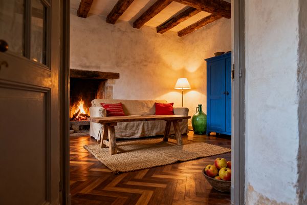 A view through an open doorway reveals a rustic living room with lime-plaster walls and exposed timber beams, centered on a roaring stone fireplace. A beige linen slipcovered sofa with two red pillows sits behind a weathered wooden coffee table on a jute rug over herringbone wood flooring. To the right are a bright blue armoire, a large green glass bottle, and a warm floor lamp. A wooden bowl of apples rests in the foreground.