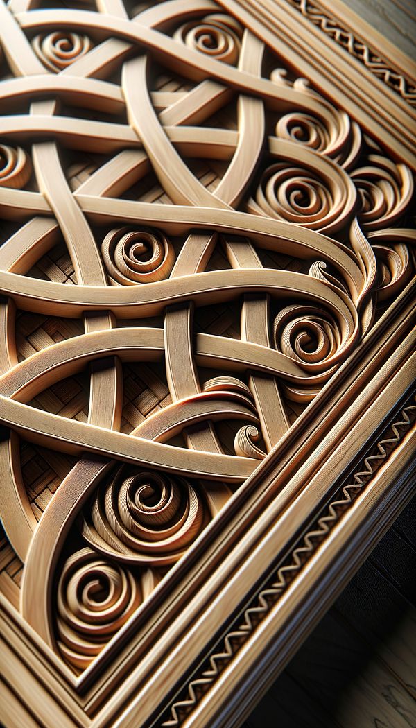 A close-up showing an intricate strapwork pattern carved into a wooden decorative panel, showcasing the interlaced straps and the depth added by the carving.