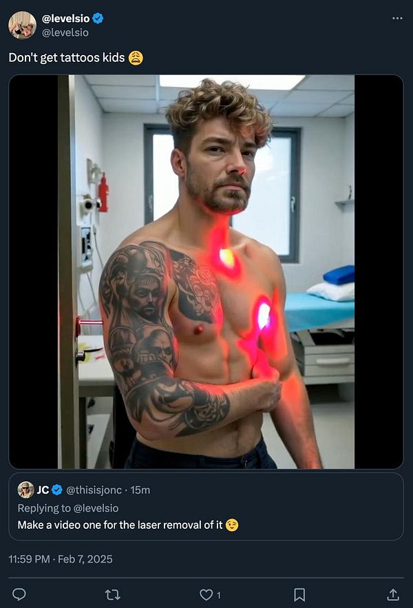 A man with a tattoo on his arm stands in a medical setting, appearing to undergo a tattoo removal procedure.