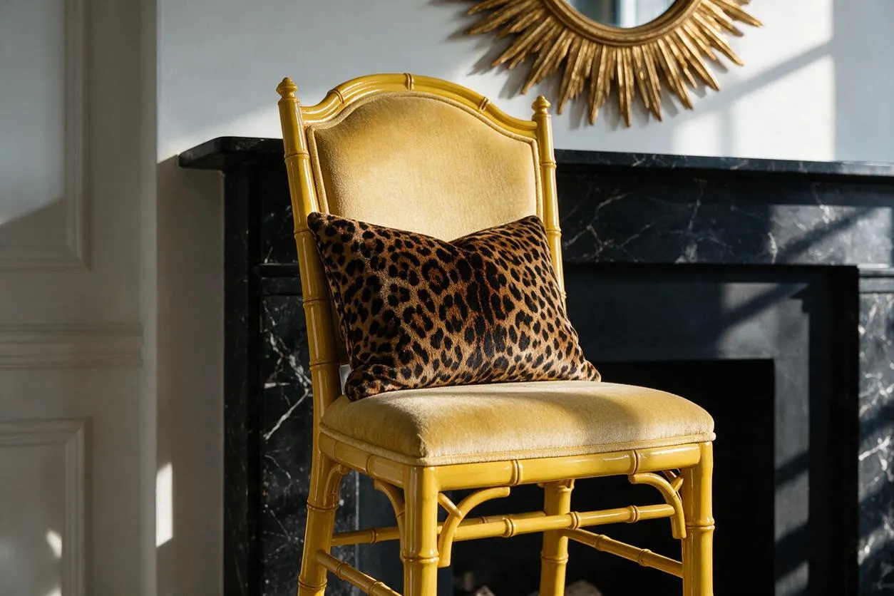 A Hollywood Regency-style chair with a glossy gold bamboo frame and soft yellow upholstered seat and back sits in front of a black marble fireplace. A leopard-print accent pillow adds contrast, and a gold sunburst mirror hangs above, with bright window light casting shadows across the wall.