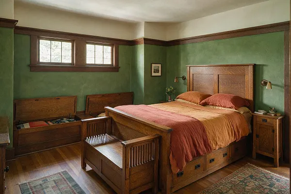 A Craftsman-style master bedroom with green walls, dark wood trim, and a substantial oak bed with built-in drawers. Matching wood nightstands, a wooden bench, and storage chests under the window reinforce the handcrafted look, while soft rust and gold bedding adds warmth.