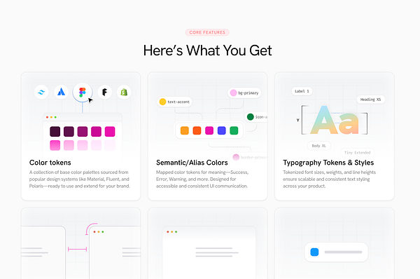 The image showcases the core features of a design system plugin for Figma, highlighting color and typography tokens.