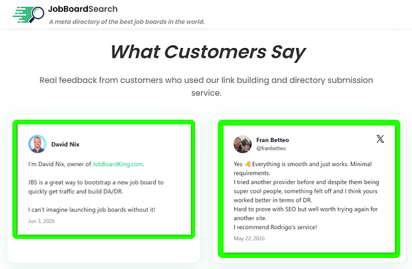 A screenshot of a directory submission landing page featuring multiple user review cards with names, ratings, and comments.