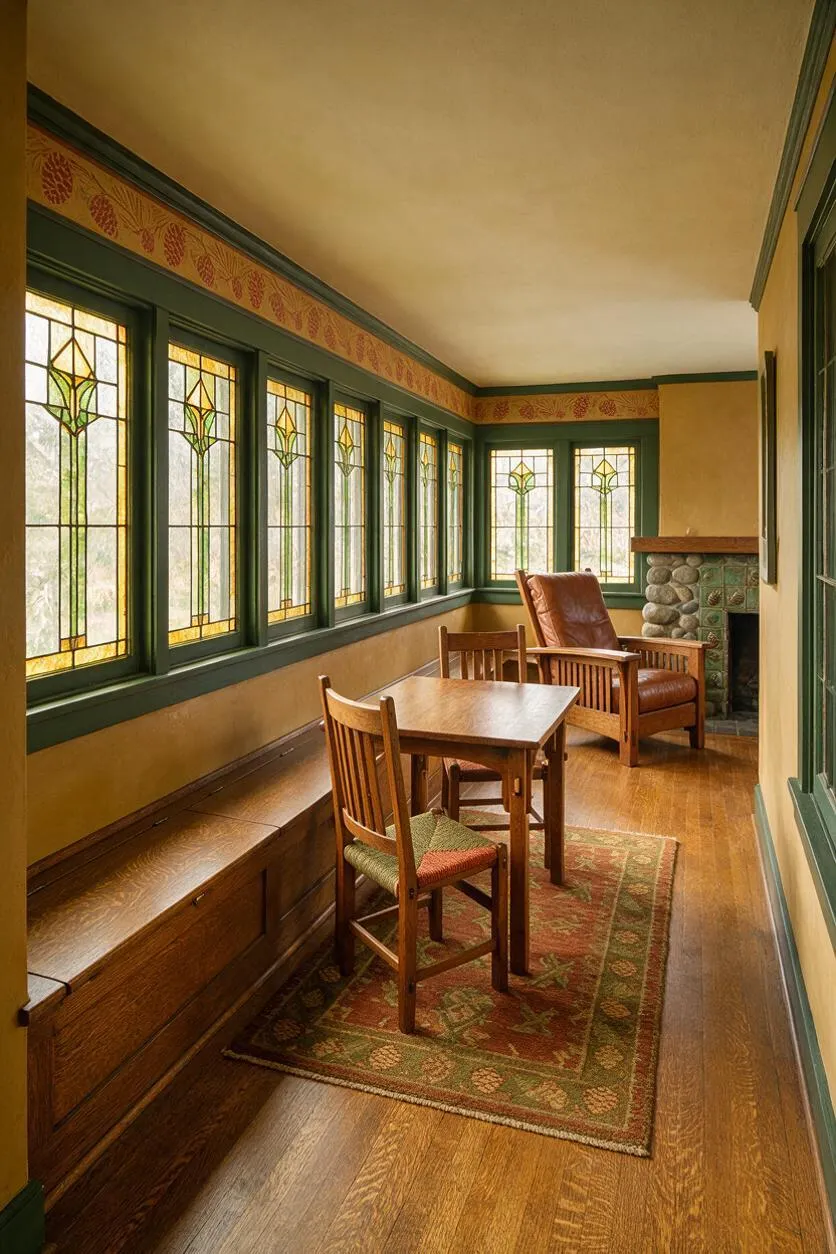 A narrow Craftsman-style sunroom with a long row of stained leaded-glass windows framed in dark green trim, warm tan walls, and a wood floor. The room includes a built-in wooden bench, a small wood table with two chairs, a leather armchair, a patterned rug, and a stone fireplace with decorative green tile accents.