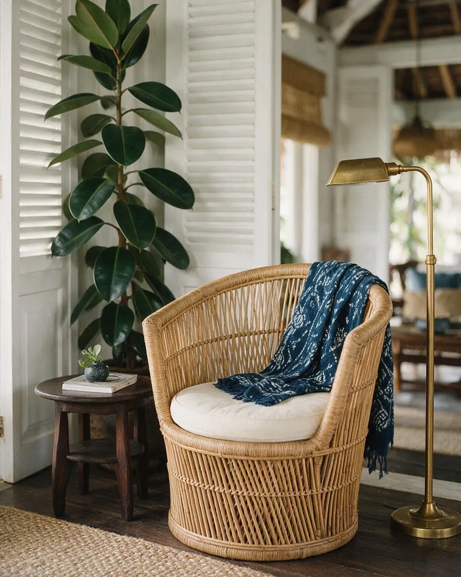 A tropical-style corner with a curved rattan lounge chair upholstered with a cream cushion and draped in a deep blue patterned throw. Beside it are a brass floor lamp, a dark wood side table, and a tall leafy plant against white shutters, creating a relaxed, natural vignette.