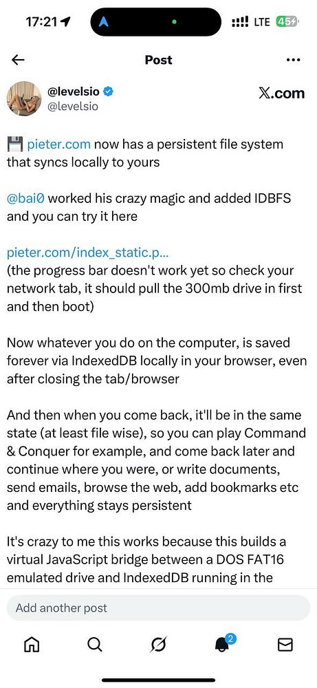 A social media post discussing a new persistent file system feature on pieter.com.