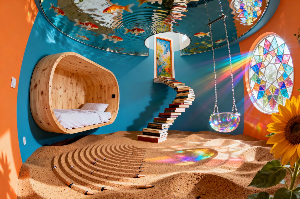 A whimsical children’s room with teal and orange walls features a floating, oval pod bed in pale knotty wood and an undulating cork-sand floor raked into arcs with oversized pencil props. A spiral staircase built from stacked books leads to a small door framed by art. A clear iridescent bubble swing hangs from chains near a round stained-glass window that casts prismatic light. The mirrored ceiling ripples like water, reflecting goldfish above. A sunflower stands at the edge of the scene.