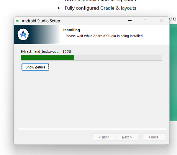 The image displays the installation progress of Android Studio on a computer.