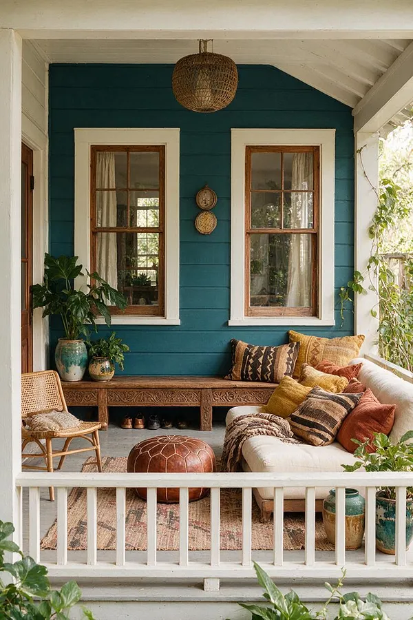 A cozy front porch with teal horizontal siding, white trim, and two tall windows with wood frames. The space is layered with a cream sofa, patterned and earthy throw pillows, a woven pendant light, rattan chair, carved wood bench, rug, and ceramic planters.
