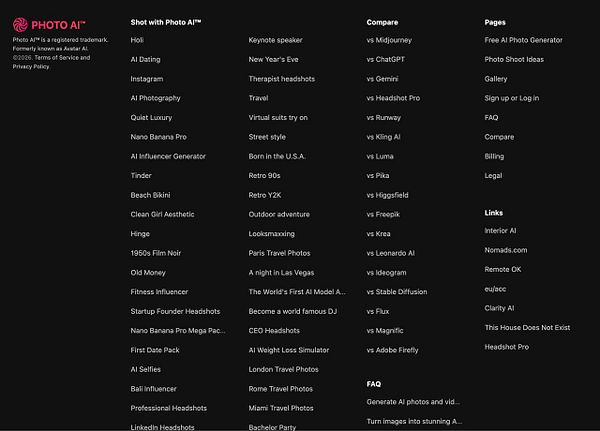 Website footer section showing categories with comparison page links under Vehicle, Mobile, and Broadband alongside a general footer navigation area.
