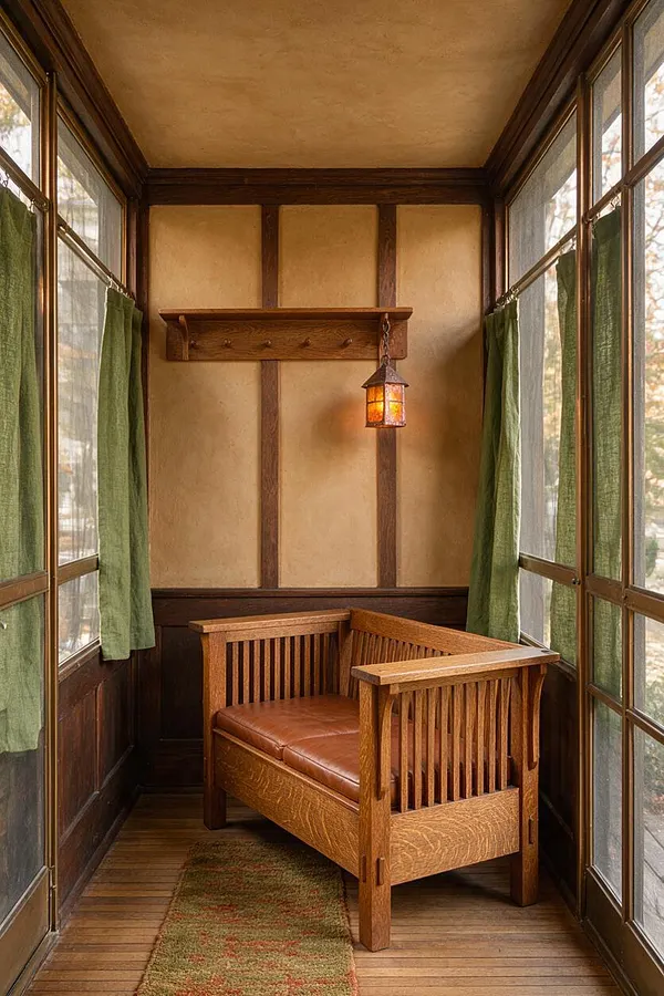 A narrow Craftsman-style front porch with wood-framed windows and green curtains on both sides, a built-in wooden bench with a brown leather cushion, a small hanging lantern, and a simple wall shelf. The space features warm tan plaster walls, dark wood trim, and a woven runner rug on the floor.