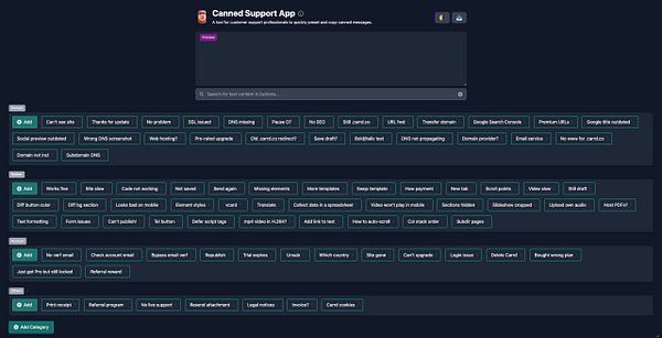The image displays a user interface for a Canned Support App designed for customer support professionals.