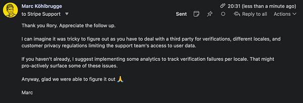 An email conversation discussing suggestions for improving Stripe's verification process.