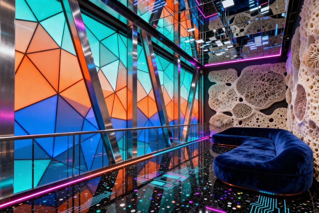 A futuristic media room showcases a full-height, backlit geometric wall in cyan, teal, and orange, framed by brushed stainless beams and a glass railing. A glossy black epoxy floor with neon circuit graphics and magenta edge lighting leads to a curved midnight-blue velvet sofa set before large, coral-like white sculptural panels; above, a mirrored ceiling with square tiles and blue and pink light bars multiplies the glow for an immersive, cyberpunk-inspired space.