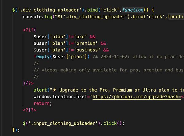 The image displays a snippet of JavaScript code related to user plans and clothing upload functionality.