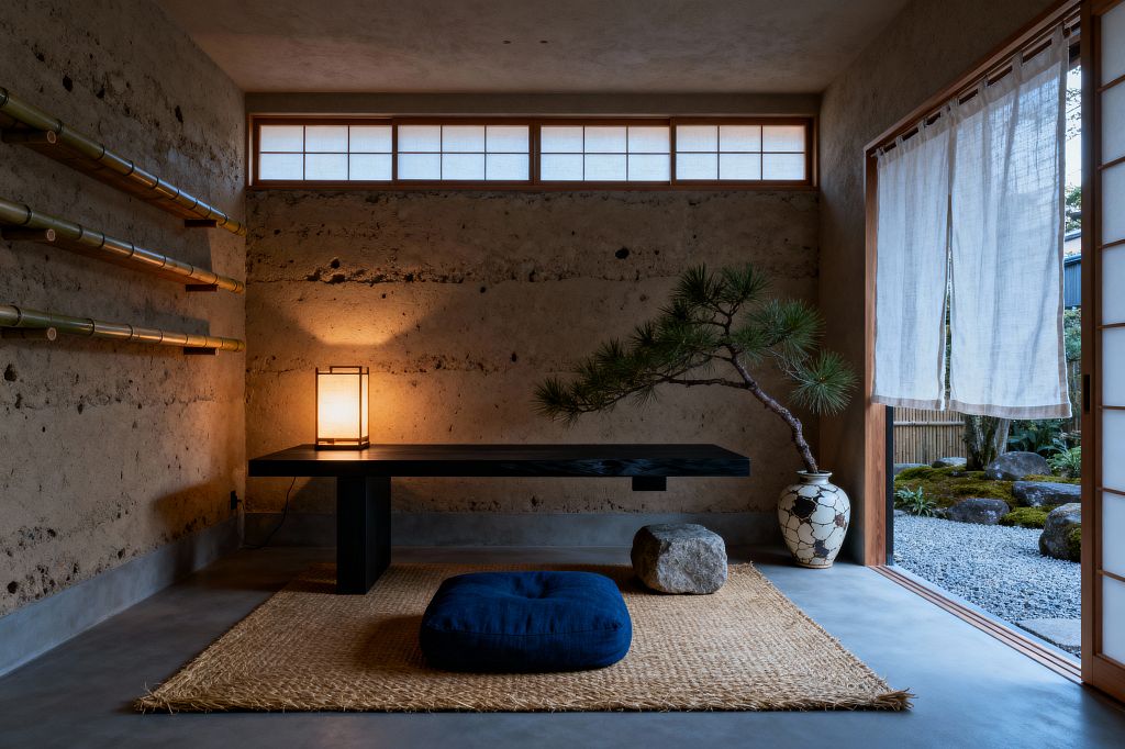 A minimalist Japanese Zen home office with earthen plaster walls and a low, ebonized wood desk illuminated by a warm paper lantern. A woven jute mat and deep indigo floor cushion rest on a polished concrete floor; bamboo shelves run along the left wall, while a pine branch in a crackle-glazed ceramic vase and a natural stone sit to the right, with shoji screens and sheer linen curtains opening to a small gravel and moss garden.