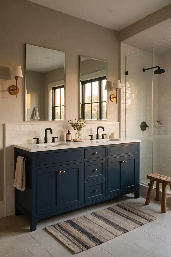 A farmhouse-style master bathroom with a navy blue double vanity, white countertop, and black faucets beneath two rectangular mirrors. White subway tile lines the shower area, brass and white wall sconces flank the mirrors, and a striped rug and rustic wood stool add warmth.