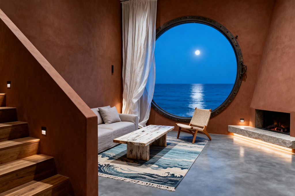 A coastal living room with terracotta plaster walls centers on a giant round porthole window that frames a moonlit ocean. A soft gray sofa and woven lounge chair sit on a blue wave-patterned rug around a whitewashed plank coffee table, with billowing white linen curtains, a low stone hearth with warm lighting, polished concrete floors, and wood stairs with recessed step lights completing the serene scene.