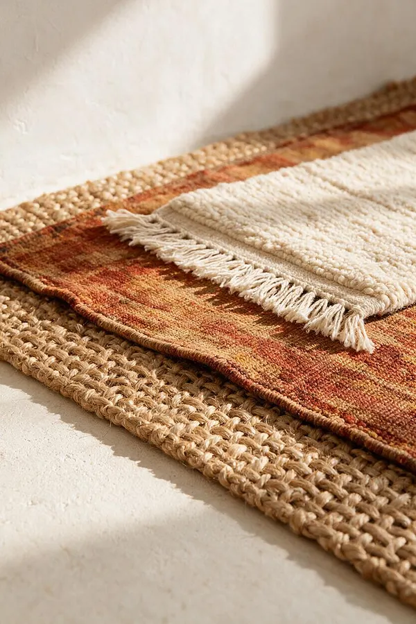 A close-up view of layered floor rugs in a bohemian interior, featuring a chunky natural jute base rug, a warm rust-and-gold patterned rug, and a small cream woven rug with fringe. Soft sunlight falls across the textures against a pale plaster wall.