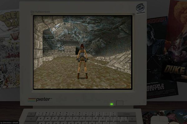 A retro computer displays a scene from the classic video game Tomb Raider.