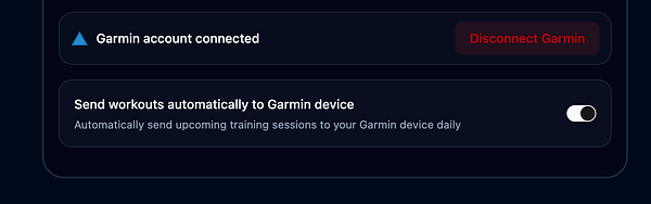 The image displays a user interface for managing a Garmin account and workout synchronization settings.