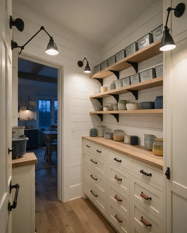 A narrow farmhouse-style closet with white shiplap walls, light wood shelving, and cream built-in drawers topped with a butcher-block counter. Black adjustable sconces illuminate rows of gray storage bins and ceramic jars, while the warm wood floor and dark hardware add contrast.