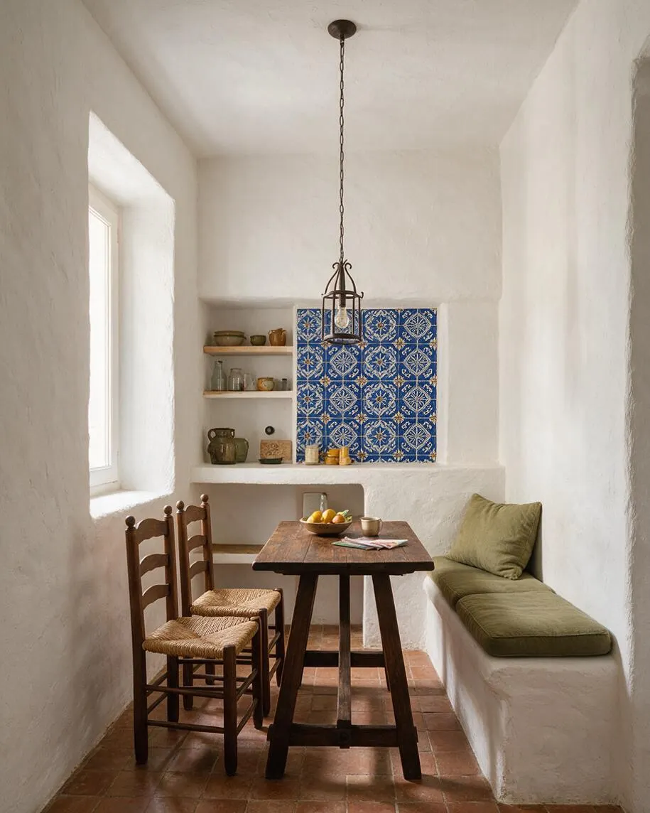 A narrow Mediterranean-style dining nook with white plaster walls, terracotta floor tiles, and a small dark wood table set with simple tableware and fruit. Two wooden chairs with woven seats sit beside a built-in bench with olive green cushions, while a recessed wall niche displays pottery and glassware next to a vivid blue patterned tile panel under a hanging iron light fixture.