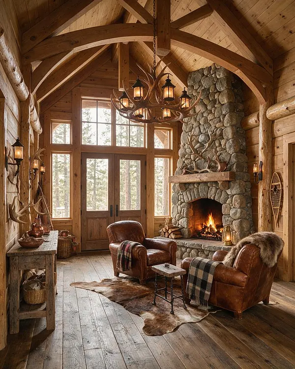 A rustic entryway with vaulted wood ceilings, exposed beams, a large stone fireplace, and a chandelier made of antlers. Leather armchairs, a cowhide rug, and warm lantern-style wall lights create a cozy lodge atmosphere beside tall windows and wooden double doors.
