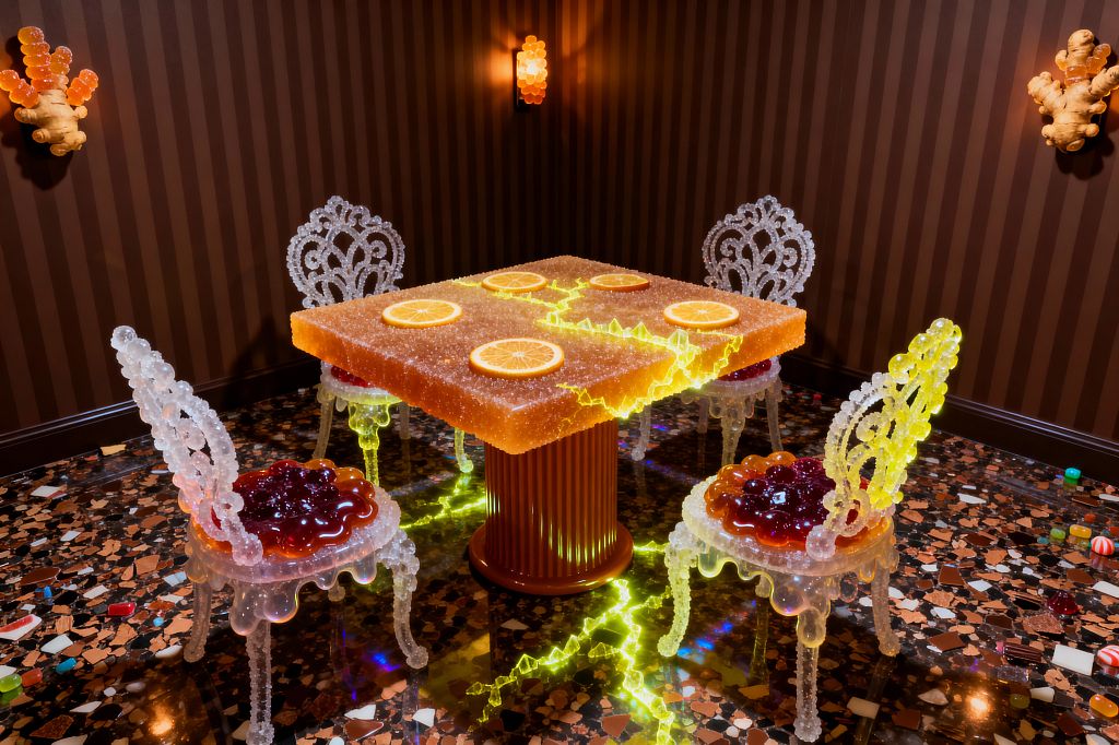 Playful dining vignette featuring a square orange gummy-like table dusted with sugar texture and citrus slice inlays, glowing from within over a ribbed pedestal with neon-yellow cracks that spill onto the floor. Four translucent chairs with rock-candy style backs and glossy jelly seats sit on a multicolor terrazzo floor, against chocolate-brown striped walls lit by warm amber bubble sconces.