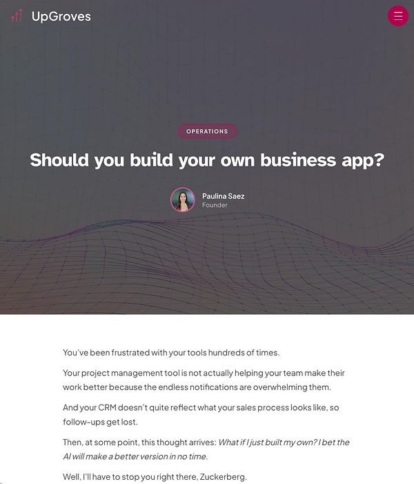 Illustration for a blog post titled 'Should you build your own business app?' featuring a stylized person sitting with a large app screen behind them.