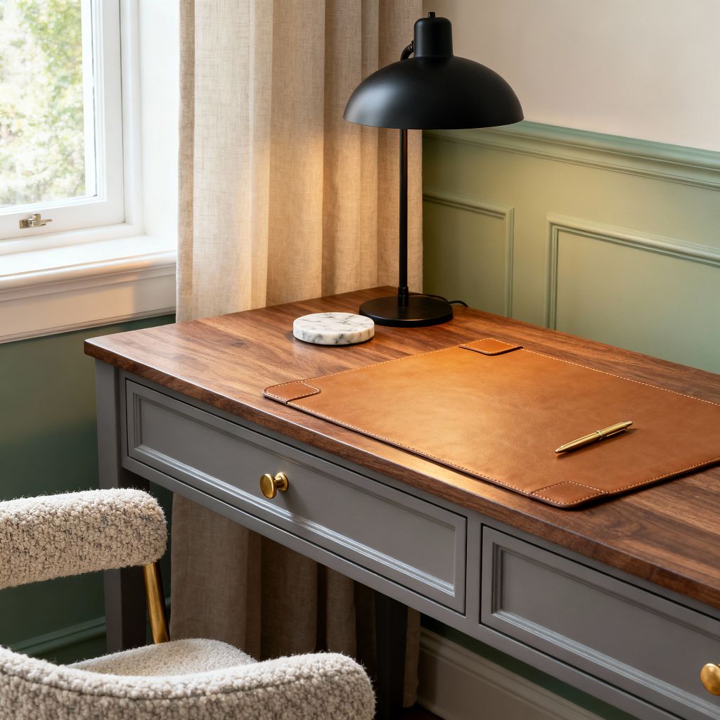 A transitional home office corner shows a gray desk with a walnut top and brass knobs, styled with a tan leather desk pad and a gold pen. A matte black dome desk lamp and a small round white marble coaster sit nearby, with beige linen curtains by a white-trimmed window. Sage green panel wainscoting meets warm white walls, and a cream bouclé chair is partially visible in the foreground.