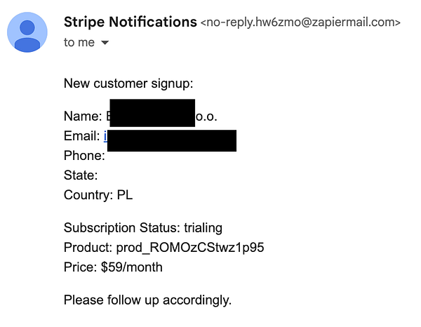 The image displays a Stripe notification email confirming a new customer signup.