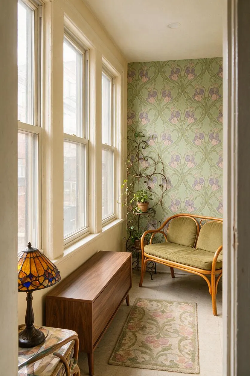 A narrow sunroom with tall white-framed windows on the left, soft daylight, and Art Nouveau floral wallpaper in pale green and lavender on the far wall. The room includes a curved rattan loveseat with olive cushions, a walnut-toned cabinet, a stained-glass table lamp, a small patterned rug, and a decorative plant stand with potted greenery.