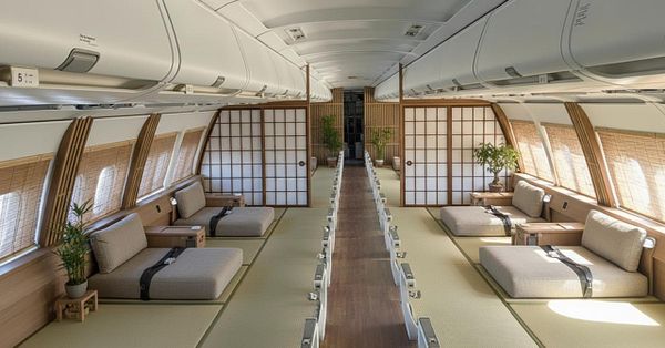 A modern airplane interior designed with a spacious, minimalist aesthetic featuring lounge-style seating.