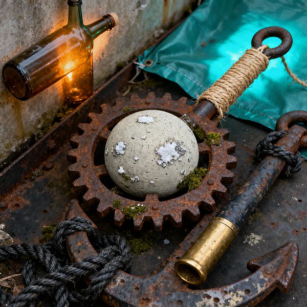 Close-up of a post-apocalyptic home gym vignette featuring a rusted iron gear holding a rough concrete ball speckled with white salt crystals. Beside it lies an anchor-shaped bar with a brass sleeve and jute-wrapped grip, black rope coils, patches of green moss, a teal tarp along the edge, and an amber glass bottle used as a wall light, all set against a stained concrete wall and corroded steel tray for a gritty, salvaged look.