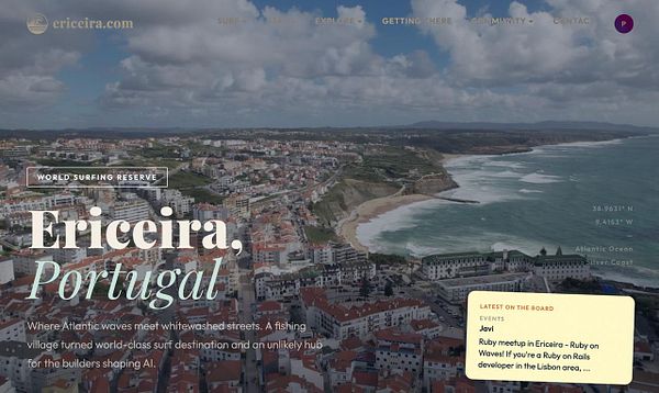 A web page section featuring a photo of a wooden boardwalk with a lifeguard tower, a text note titled "Board Note," and a dark blue ocean banner with navigation links.