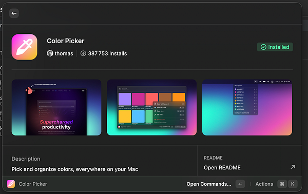 Screenshot of Raycast app displaying a Fully Customizable Color Picker in RGB with options to copy values and uninstall other tools.