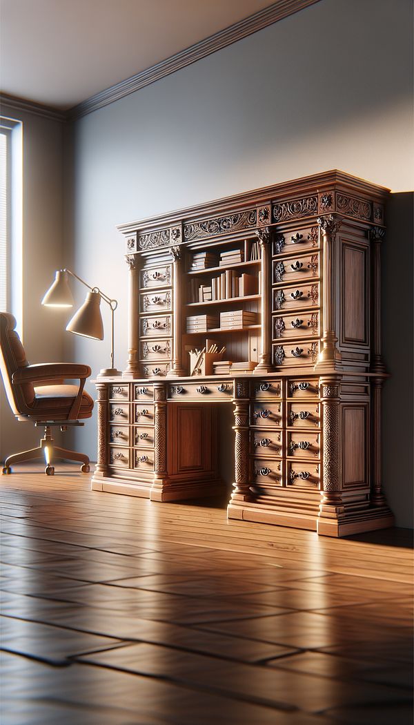 a wooden bureau with multiple drawers, placed in a well-lit home office setting