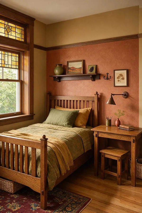 A cozy kids' room in Craftsman style featuring a wooden bed with slatted headboard and footboard, green bedding, and a small oak desk with a stool. The room includes stained glass window accents, warm terracotta walls, framed art, a wall-mounted reading lamp, and a hardwood floor with a patterned rug.