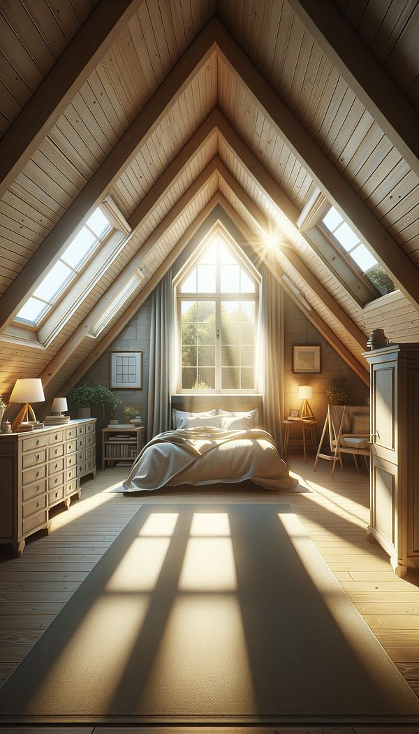 A charming attic bedroom brightly lit by sunlight streaming through a gabled dormer window, showcasing the enhanced space and aesthetic appeal provided by the dormer.