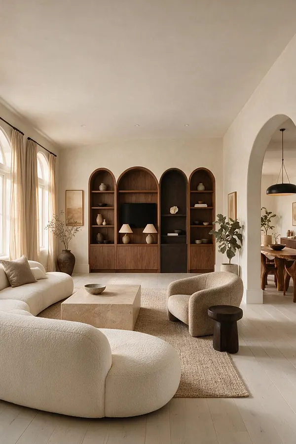 A warm organic modern basement lounge with a curved cream sofa, textured beige chair, stone coffee table, and a woven rug on light wood floors. Behind the seating, a walnut arched media wall with built-in shelves adds sculptural depth, while soft drapery, neutral walls, and an arched opening to the dining area create a calm, inviting atmosphere.