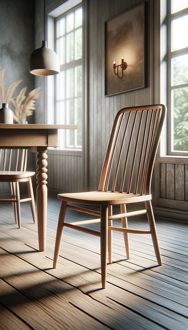 A cozy dining room featuring a wooden slat back chair beside a rustic table, with natural light streaming through nearby windows.