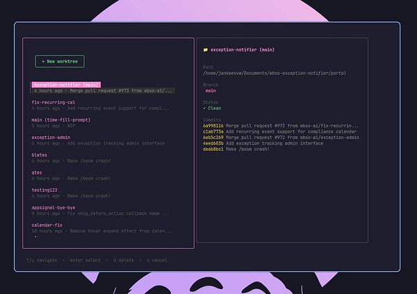 Screenshot of a git worktree switcher application showing multiple branches and repositories.