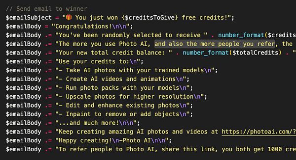 The image displays a code snippet for sending an email to a winner of a credits giveaway.