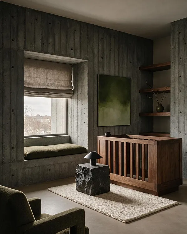 A moody nursery with exposed concrete-style walls, a large window seat with olive-green cushion and linen Roman shade, and a walnut crib. A rough stone pedestal table sits on a cream rug, while dark green seating and floating wood shelves soften the stark architectural space.