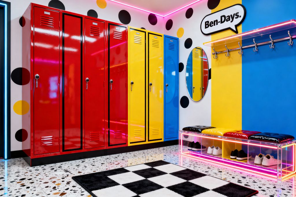 A vibrant Pop Art mudroom featuring glossy red, yellow, and blue metal lockers against white walls with oversized black and yellow dots and a vertical blue-yellow color block. A chrome coat rack sits beneath a clear acrylic shelf, next to an oval mirror. A clear acrylic bench with neon pink lighting and patent cushions provides shoe storage. The floor is speckled terrazzo with a black-and-white checker rug, and pink perimeter LEDs add a comic-book glow beside a “Ben-Days.” sign.